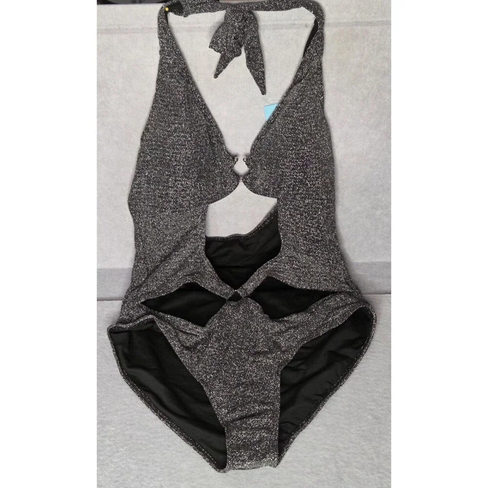 CUPSHE Womens Blk/Silver One Pc Swimsuit Sz L Metallic Shimmer U WIre Cutout NWT
